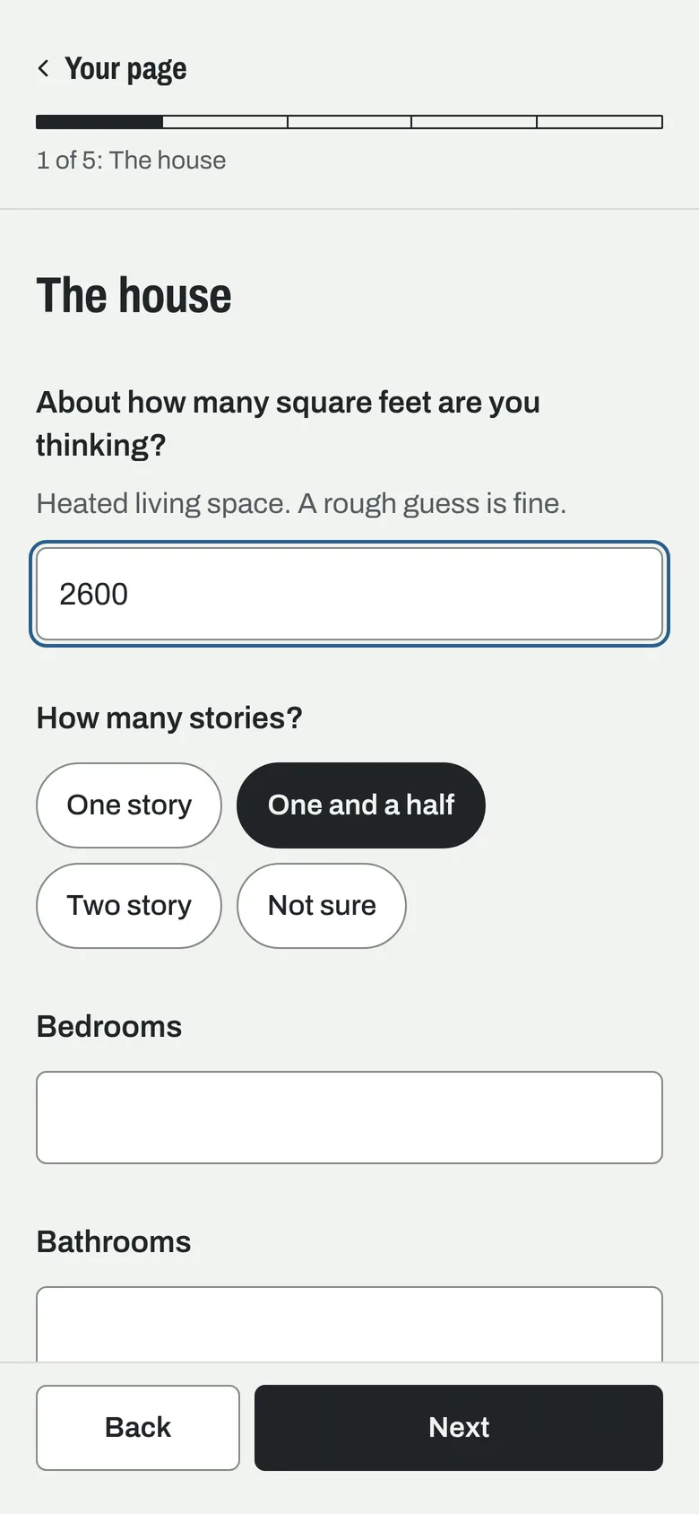 A client filling in the house questionnaire on a phone: square feet, number of stories as tap-to-pick choices, bedrooms and bathrooms, with Back and Next buttons.