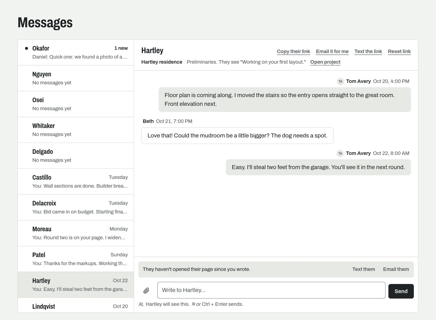 Mullio's Messages inbox: clients listed down the left with the newest unread first, and the Hartley conversation open on the right, with a note that the client hasn't opened their page since the last message.