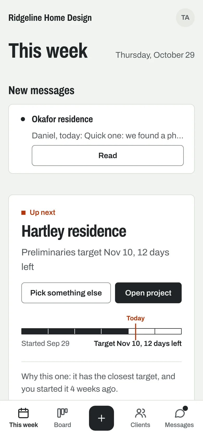 Mullio's This week page on a phone. Up next is the Hartley residence, 12 days left on its Preliminaries target, picked because it has the closest target.